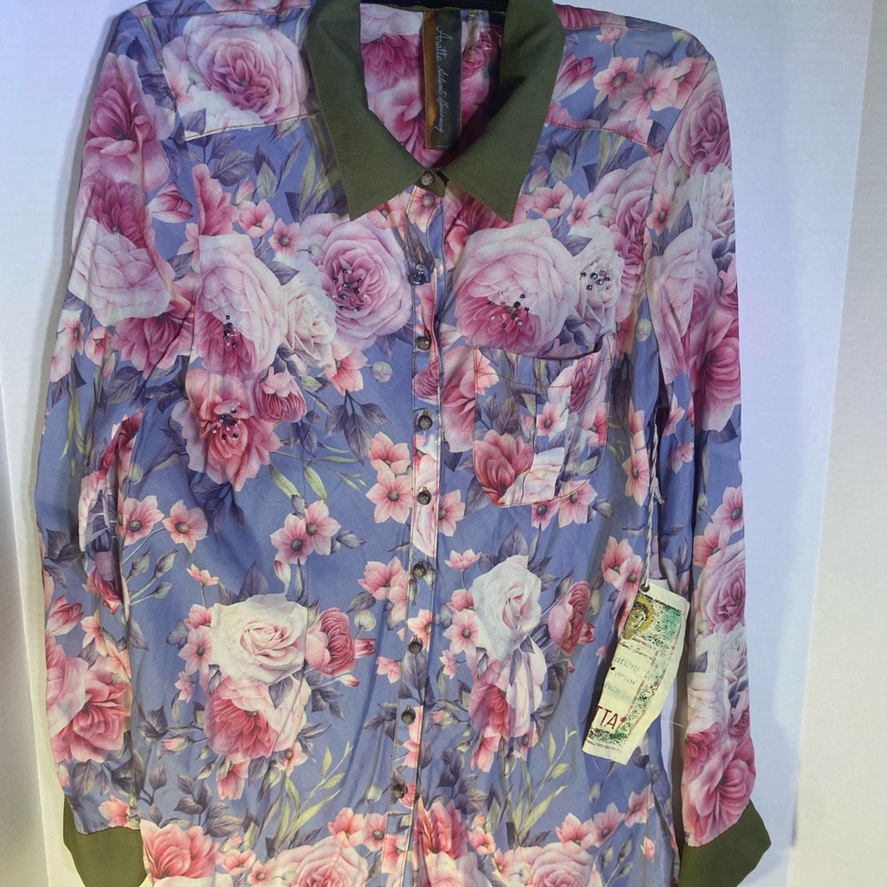 Aratta Rosaline Floral Button Up Collared V-Neck Blouse Size S/M